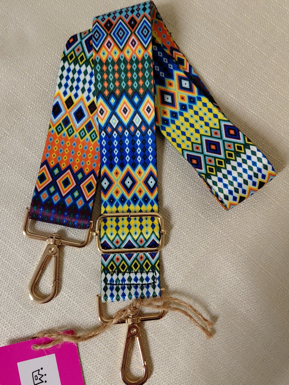 Multicolor Geometric Bag Strap with Gold Hardware